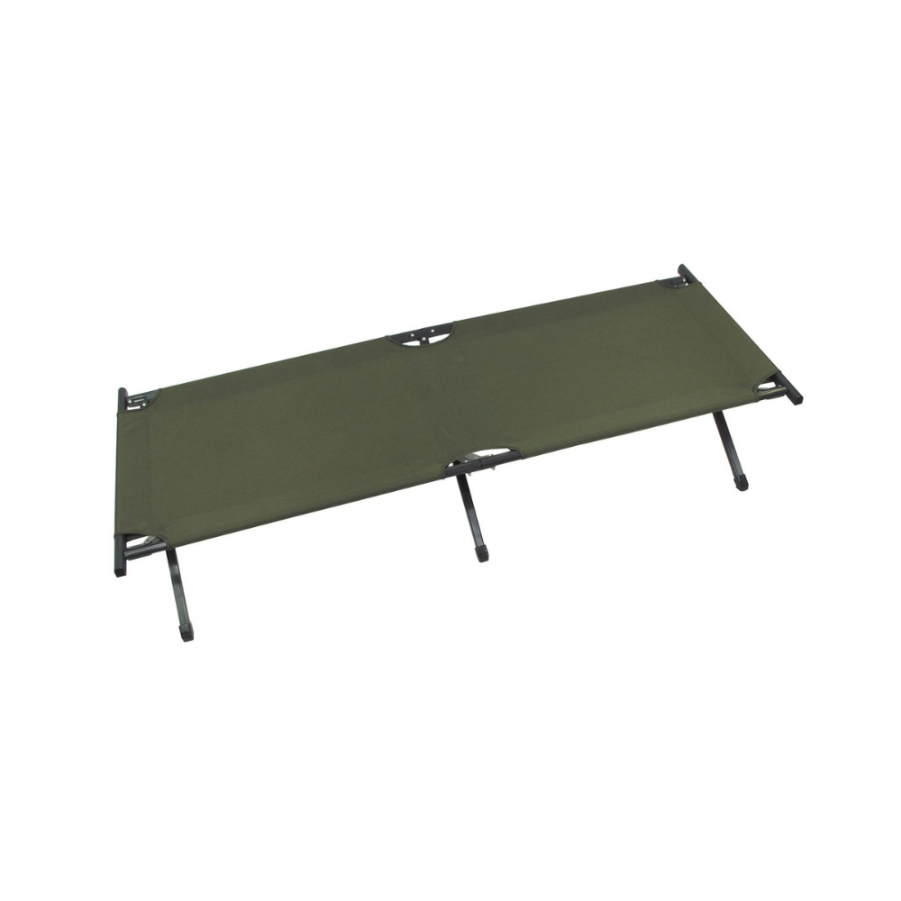 Lit de camp US Alu Vert Olive de MFH avec châssis en aluminium, pieds en acier, support de poids jusqu'à 120 kg et dimensions 190 x 66 x 42 cm