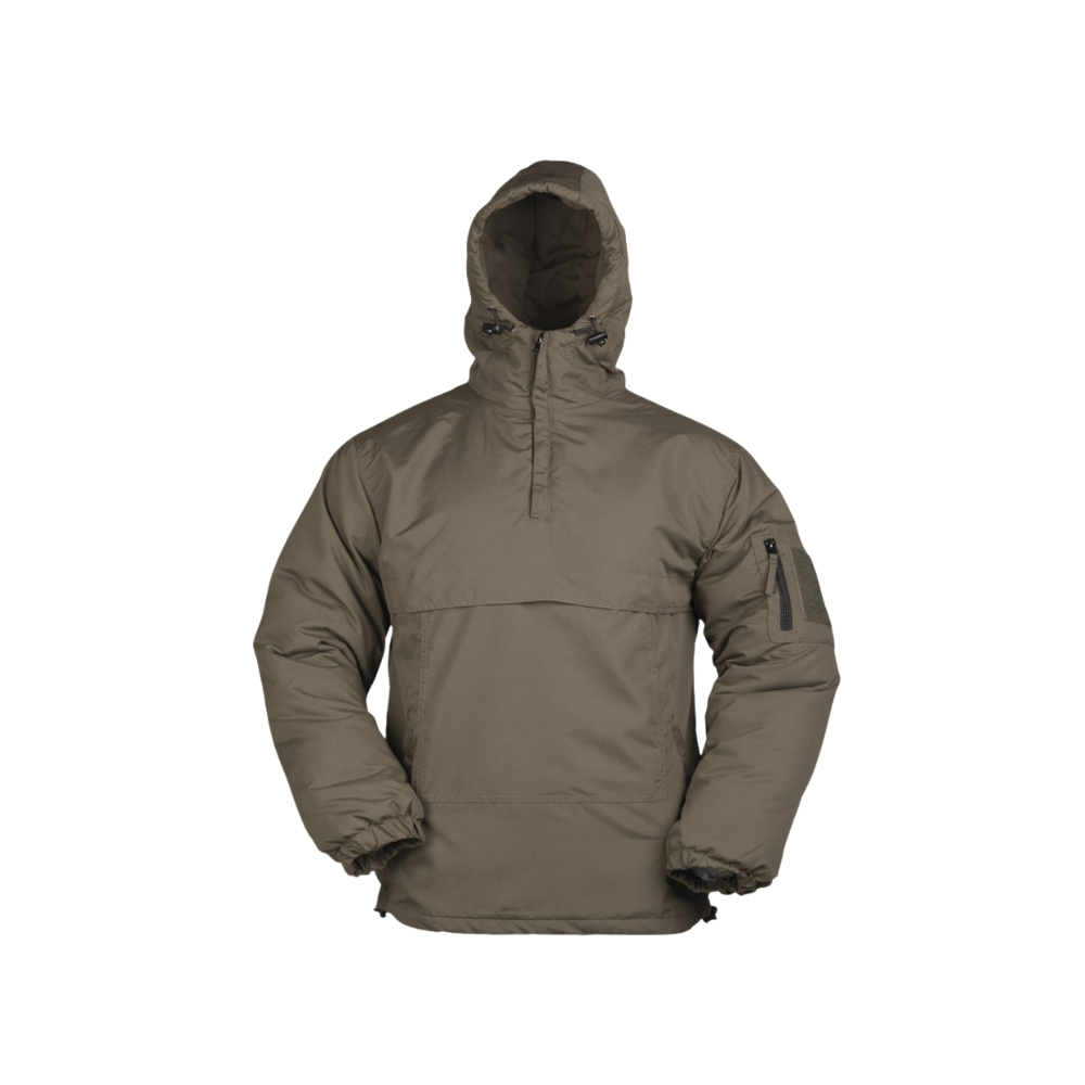 Anorak coupe-vent tactique d'hiver doublé Mil-Tec en polyester avec doublure polaire au torse, poches zippées et poignet élastiqué.