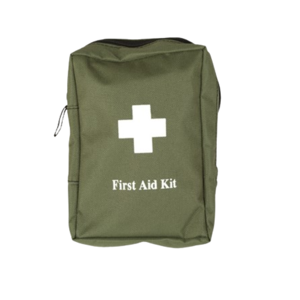 Grande trousse de secours First Aid Kit vert olive de Mil-Tec, comprenant ciseaux, coton-tige, pincette, lingettes d'alcool, sparadraps, bande élastique, band