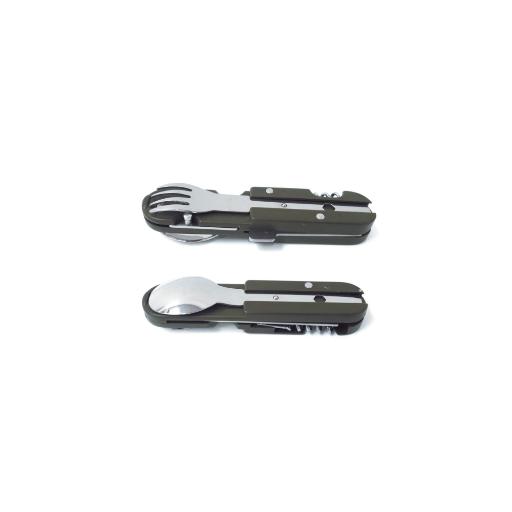 Couteau multifonction 6 en 1 Tatoo Vert Olive OPEX, incluant couteau, fourchette, cuillère, ouvre-boîte, tire-bouchon et décapsuleur, con