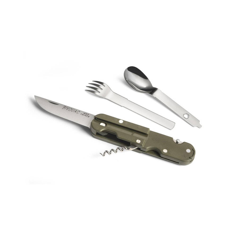 Multifonctionnel couteau de poche vert Bivouac® fabriqué en France par TB Outdoor, idéal pour les activités extérieures comme la randonnée et le camping