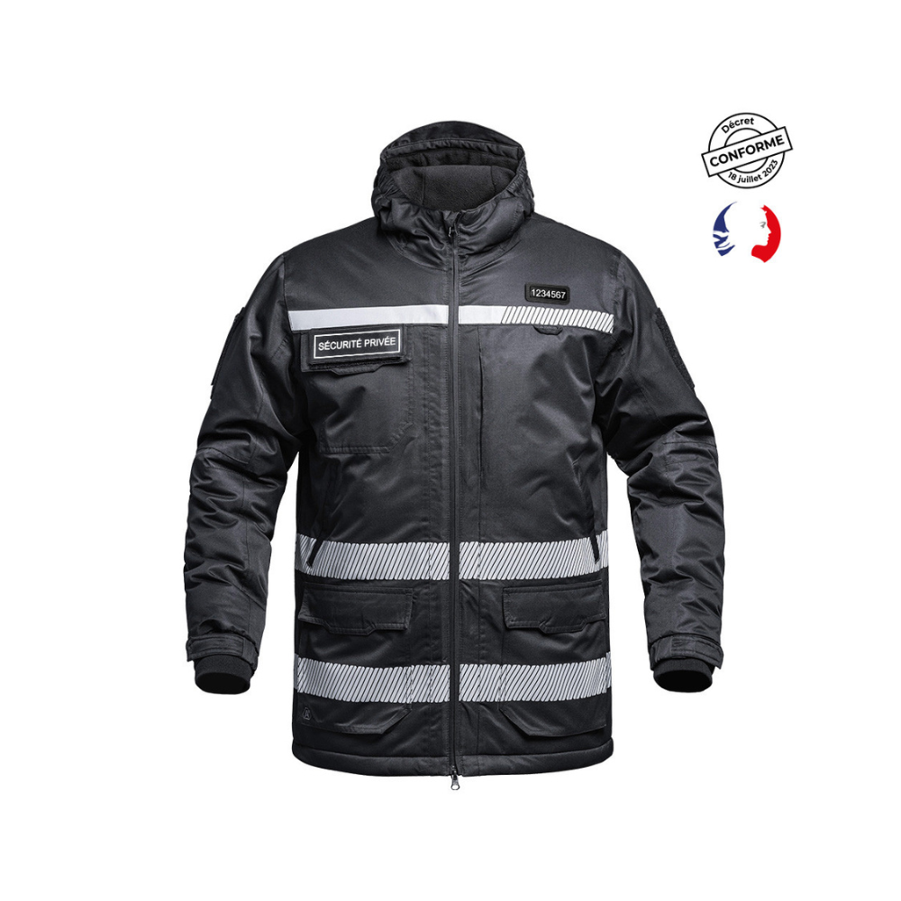 Parka Hardshell SÉCU-ONE pour sécurité privée en noir avec bandes rétro-réfléchissantes HV-TAPE, isolation thermique et technologie imperméable de A10 Equipment.