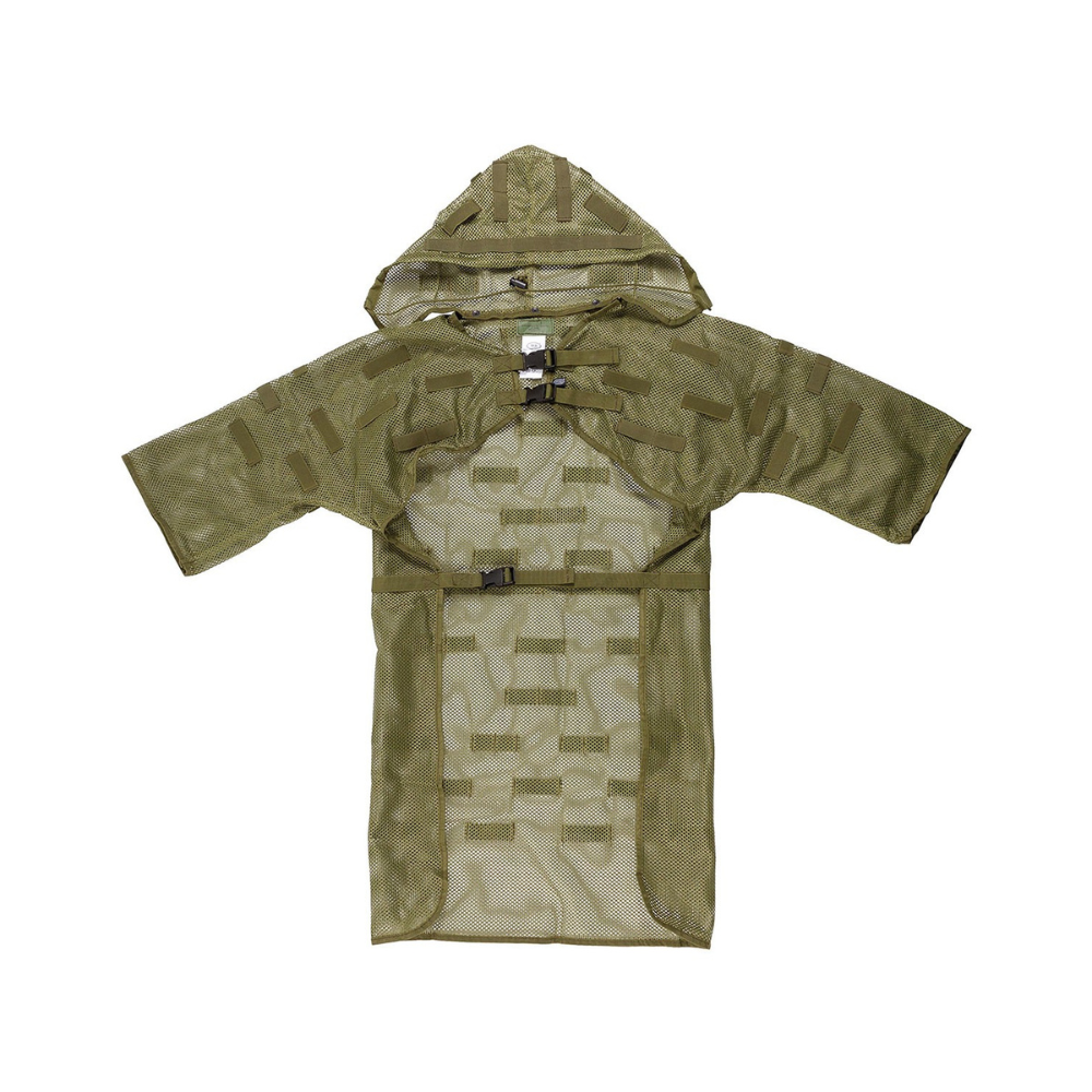 Manteau à filet olive MFH avec fermeture à clic, capuche amovible, cordon élastique, passants multiples et sac de transport, en 100% nylon