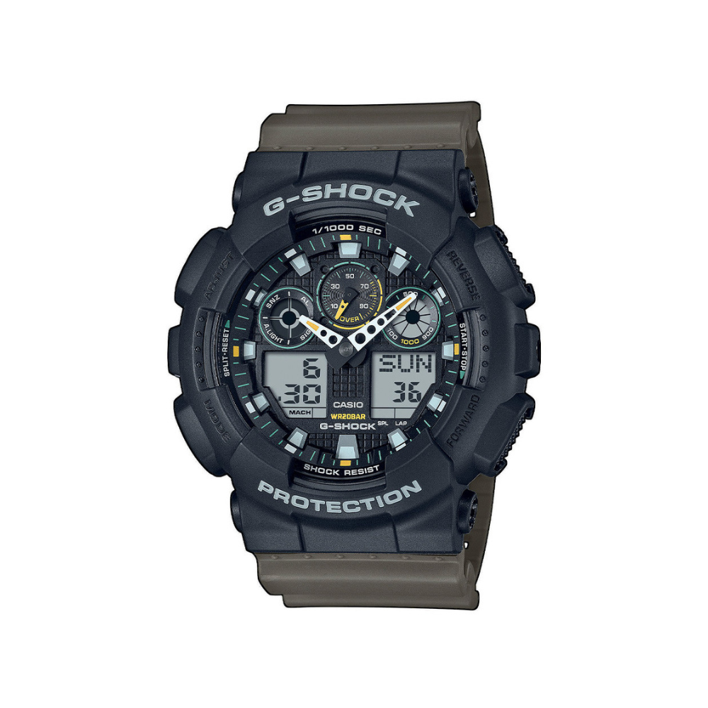 Montre G-Shock GA-100TU robuste et moderne de Casio en noir et vert olive avec affichages LCD, résistance magnétique et étanche jusqu'à 20 bars