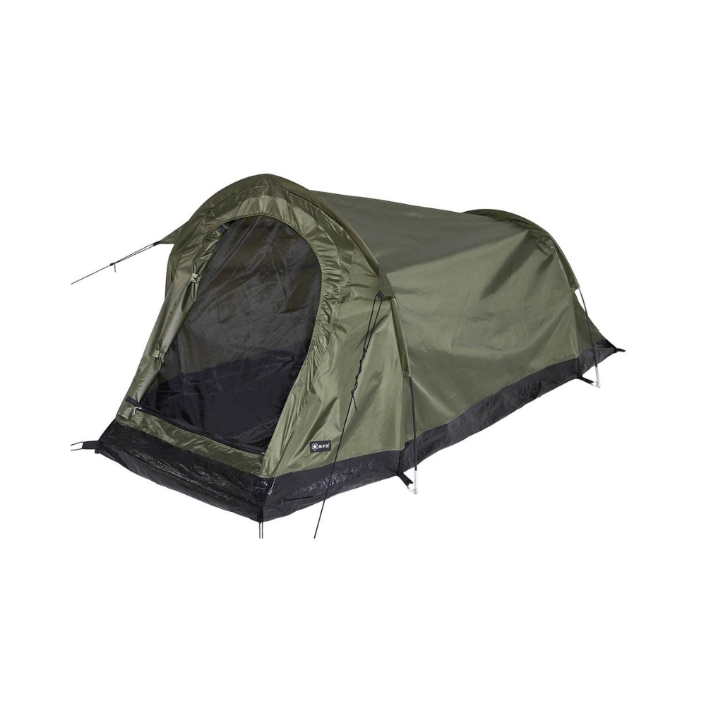 MFH Tente tunnel vert olive pour 2 personnes avec moustiquaire, tapis de sol robuste et imperméable, arceaux en fibre de verre et sardines en acier.