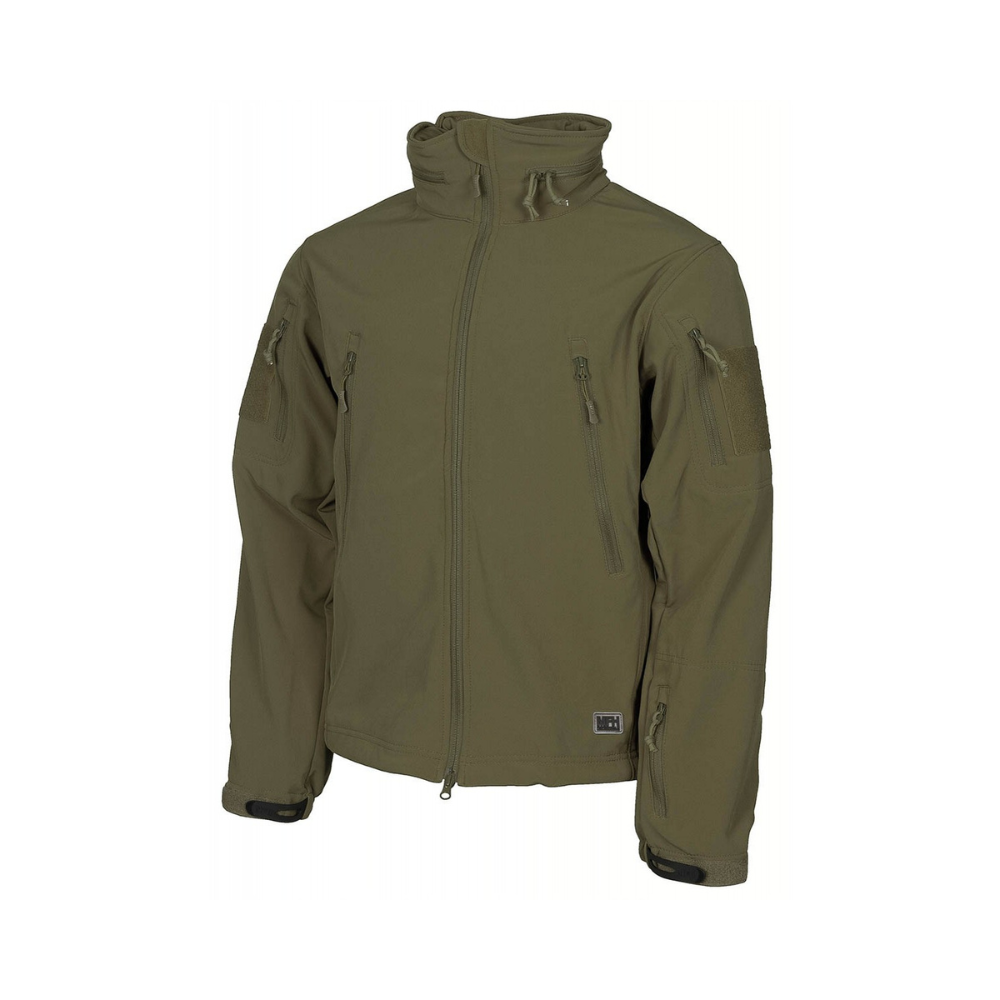 Veste softshell Scorpion vert olive de MFH, haut de gamme, enduite de téflon, hydrofuge, oléofuge, antitache, coupe-vent et respirante avec zips YKK et