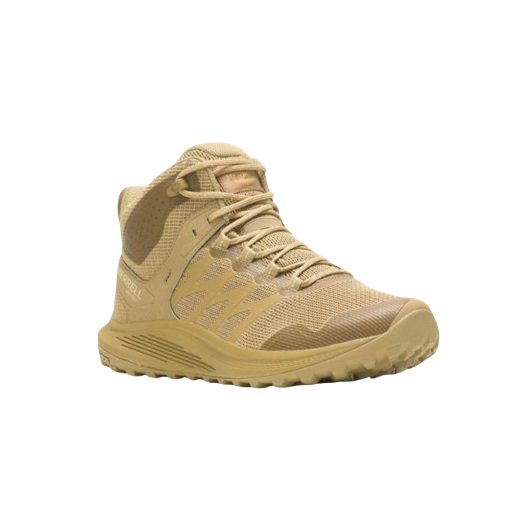Chaussures de plein air imperméables NOVA 3 Tactical Mid Coyote de Merrell avec tige en maille anti-humidité, lacets recyclés et semelle Vibram TC5+