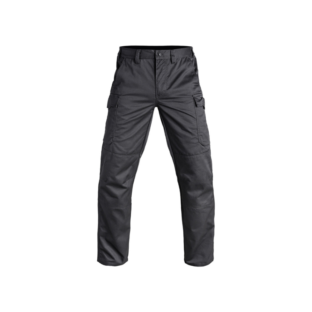 Un pantalon SÉCU-ONE noir de la marque A10 Equipment, conçu pour la sécurité privée, résistant et ergonomique avec des poches fonctionnelles et une composition en polycoton certifié Oeko-T