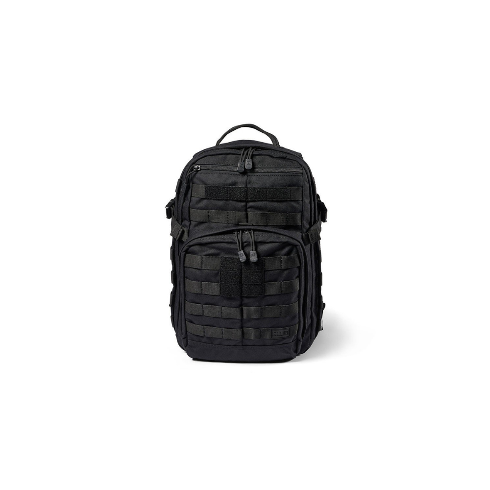 Petit sac à dos tactique Rush 12 Noir 2.0 de 5.11, résistant et fonctionnel, avec nombreuses poches et compartiments, idéal pour missions et treks.
