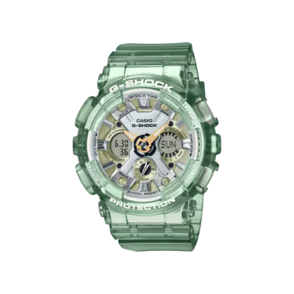 Montre G-Shock GMA-S120GS-3AER de Casio en vert métallique, design compact avec une touche translucide et métallique pour un style contemporain et élégant
