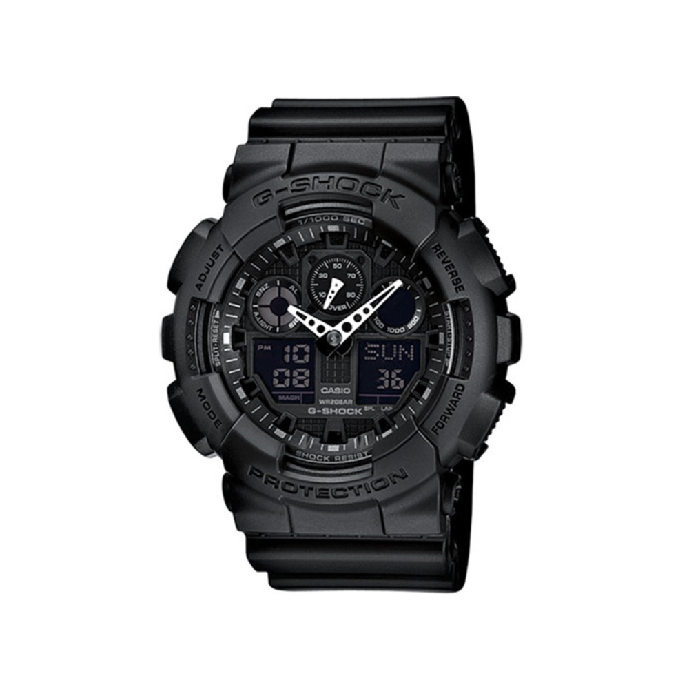Montre G-Shock GA-100 noire de Casio, robuste et moderne avec un cadran en verre minéral et un boîtier en résine