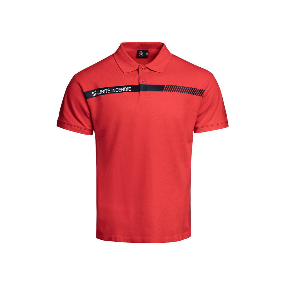 Polo rouge de sécurité incendie de la gamme SÉCU-ONE par A10 Equipment, marqué 'SÉCURITÉ INCENDIE' sur la poitrine, avec bande bleue et velcros pour porte