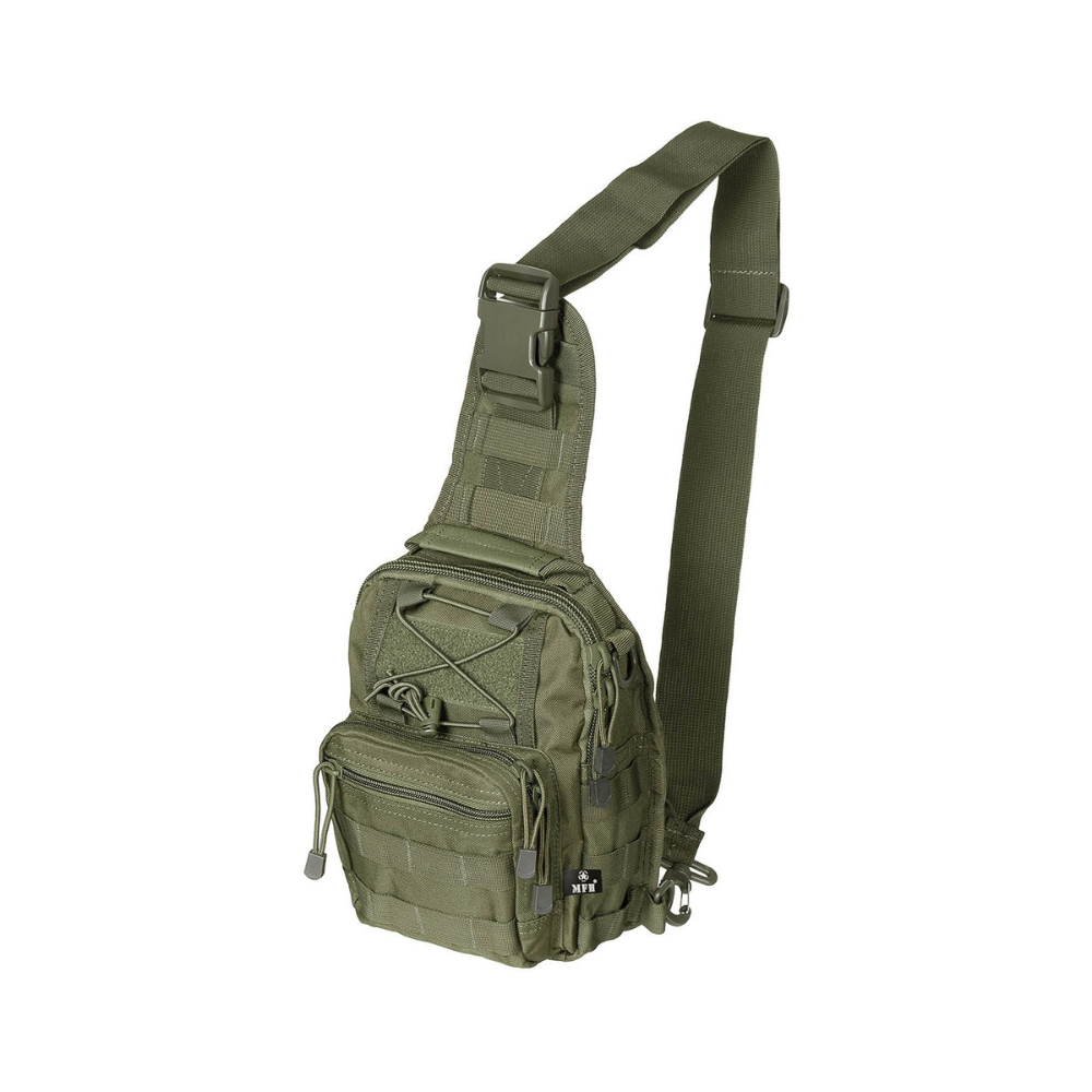 Sac bandoulière Molle MFH en polyester avec compartiments spacieux, bandoulière ajustable et détachable, poches frontales zippées et mousqueton