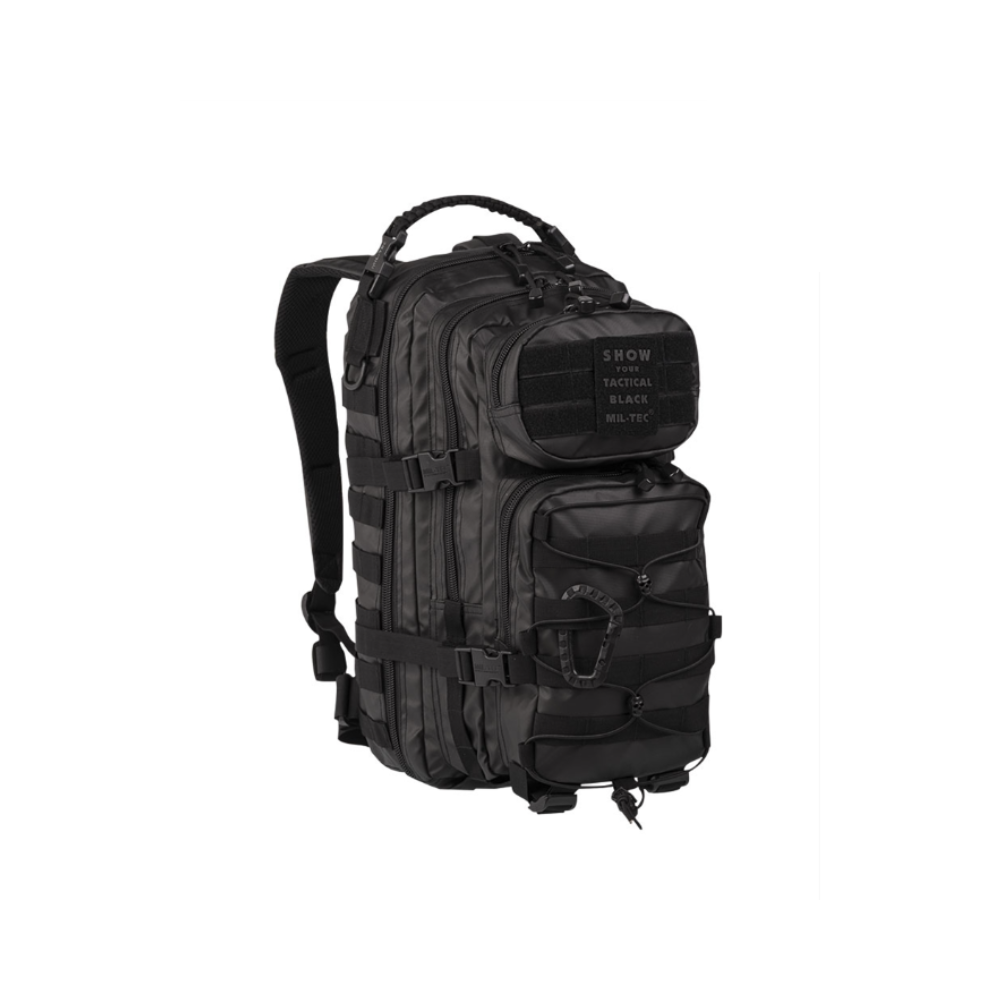 Petit sac à dos tactical noir US Assault 20L de Mil-Tec, avec doublure en polyester, rembourrage en mousse EVA, divers compartiments et fixations-Molle, imperméable et ergonom