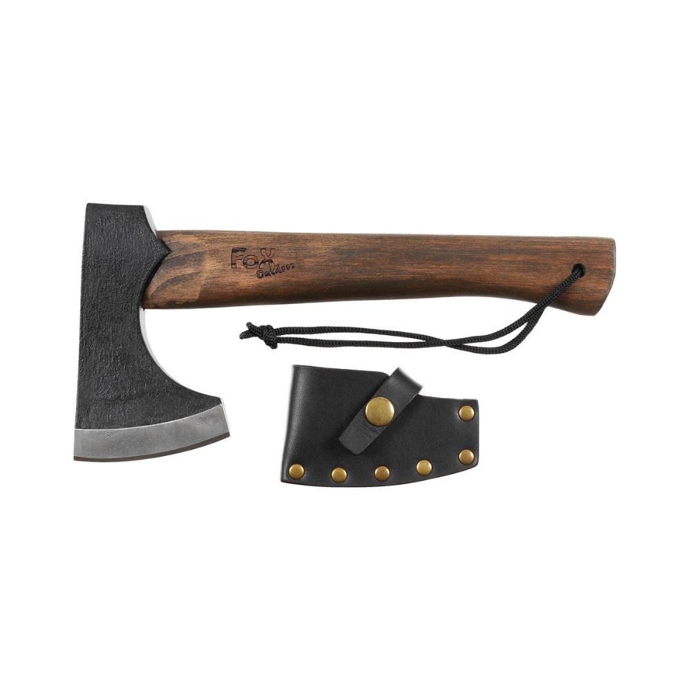 Hache Viking MFH avec tête en inox noirci, manche en bois de frêne et fourreau en cuir riveté