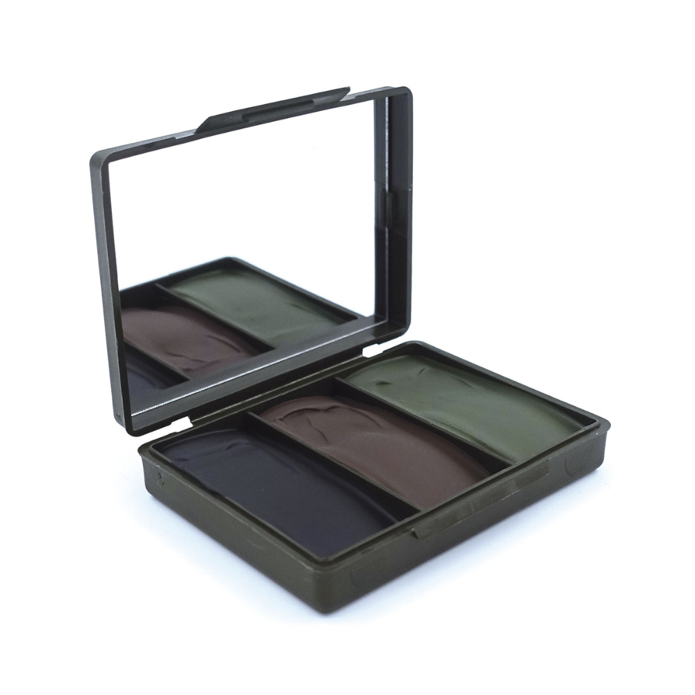 Palette de camouflage 3 couleurs (noir, vert, brun) avec miroir intégré, idéale pour les opérations d'opex