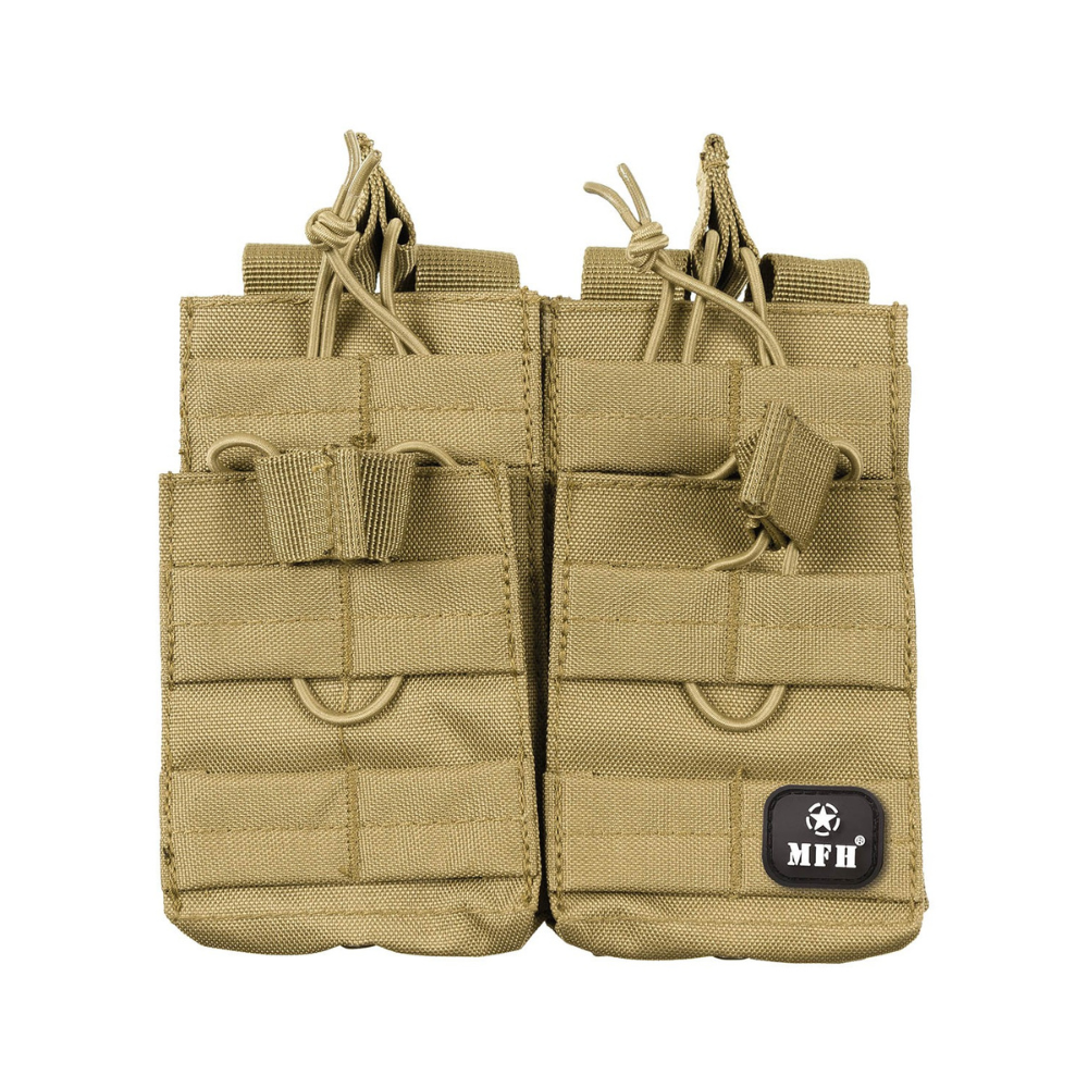 Porte-chargeurs x4 pour fusil en couleur tan, avec 2 grands compartiments et 2 compartiments supplémentaires, dotés de cordons de serrage, passants frontaux et boutons-pression arrière