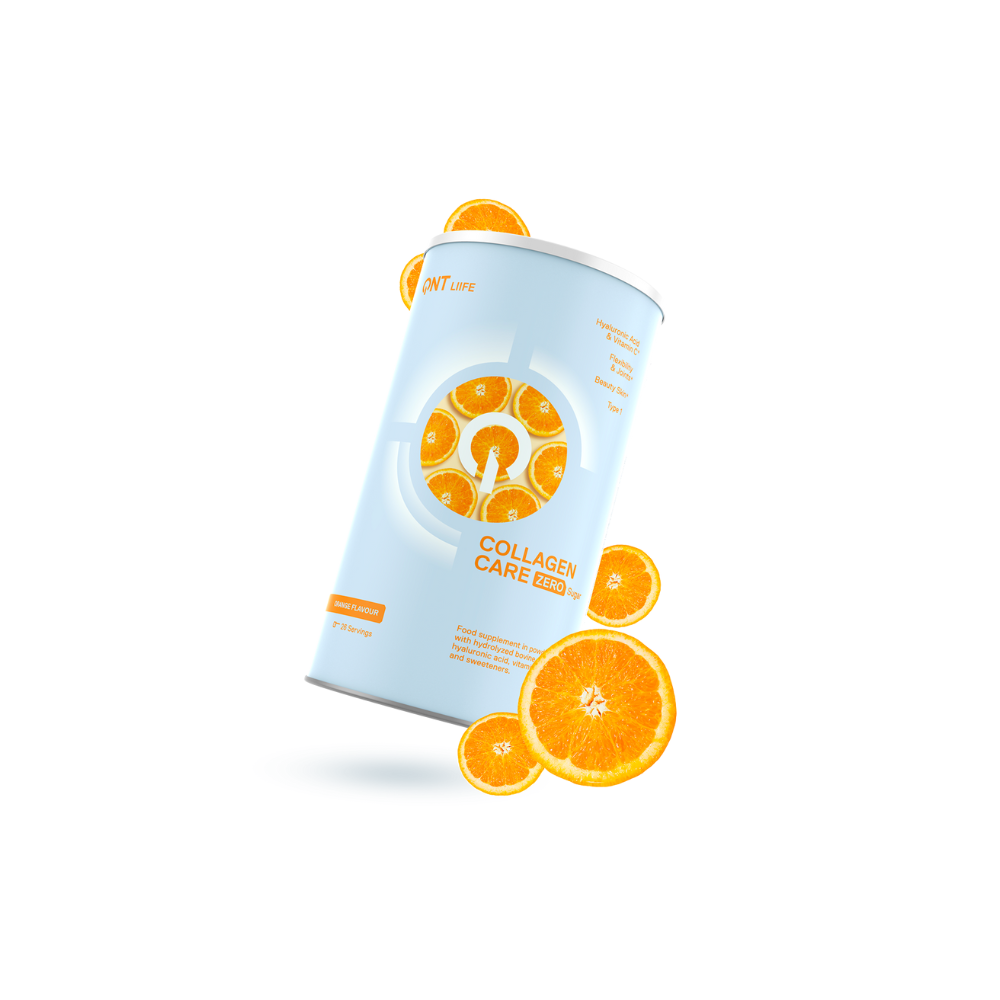 Pot de complément alimentaire Collagène Care orange de 390g de la marque QNT, conçu pour améliorer la santé de la peau, des ongles, des cheveux et des articulations