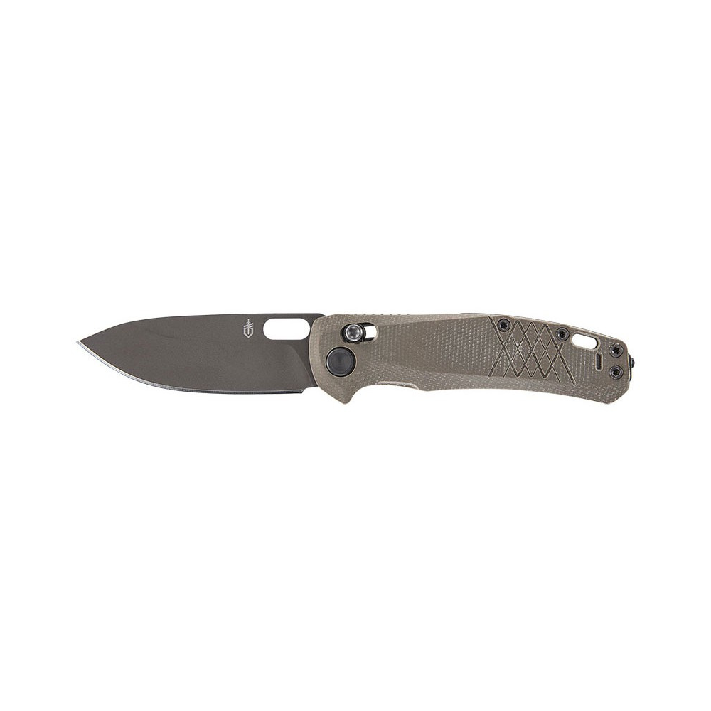 Couteau pliant Gerber Scout Coyote avec lame en acier délavée noire et manche en micarta marron pour aventures en plein air