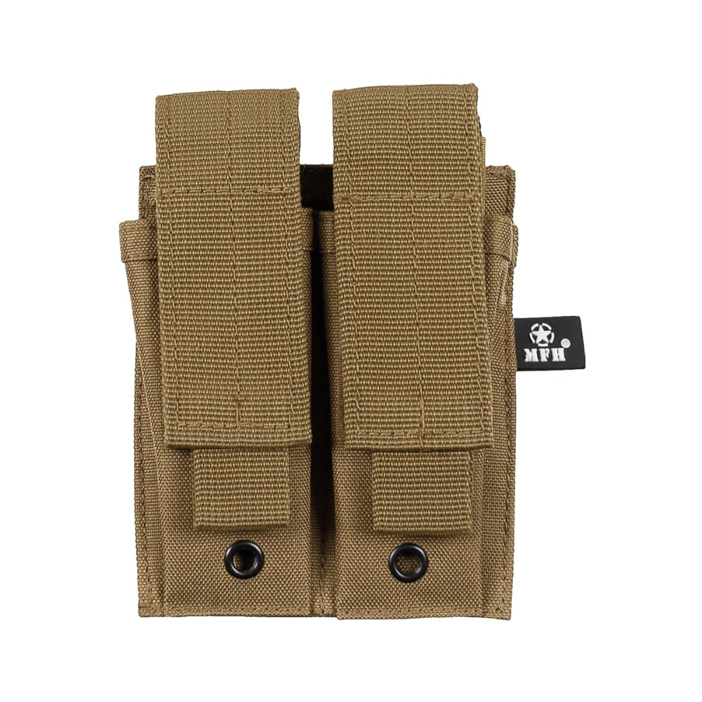 Porte-chargeurs double PA Tan MFH avec fermeture velcro et boucles de fixation Molle, dimensions 4x12x2,5 cm, fait en 100% polyester.