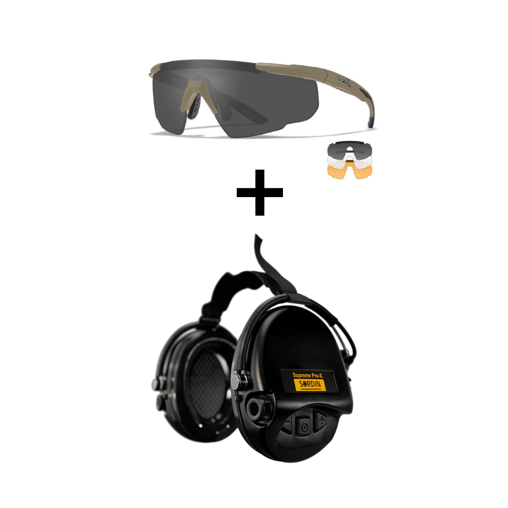 Pack de protection individuelle de tir 3.0 incluant lunettes balistiques Saber Advanced avec verres interchangeables et casque anti-bruit Pro-X Supreme.