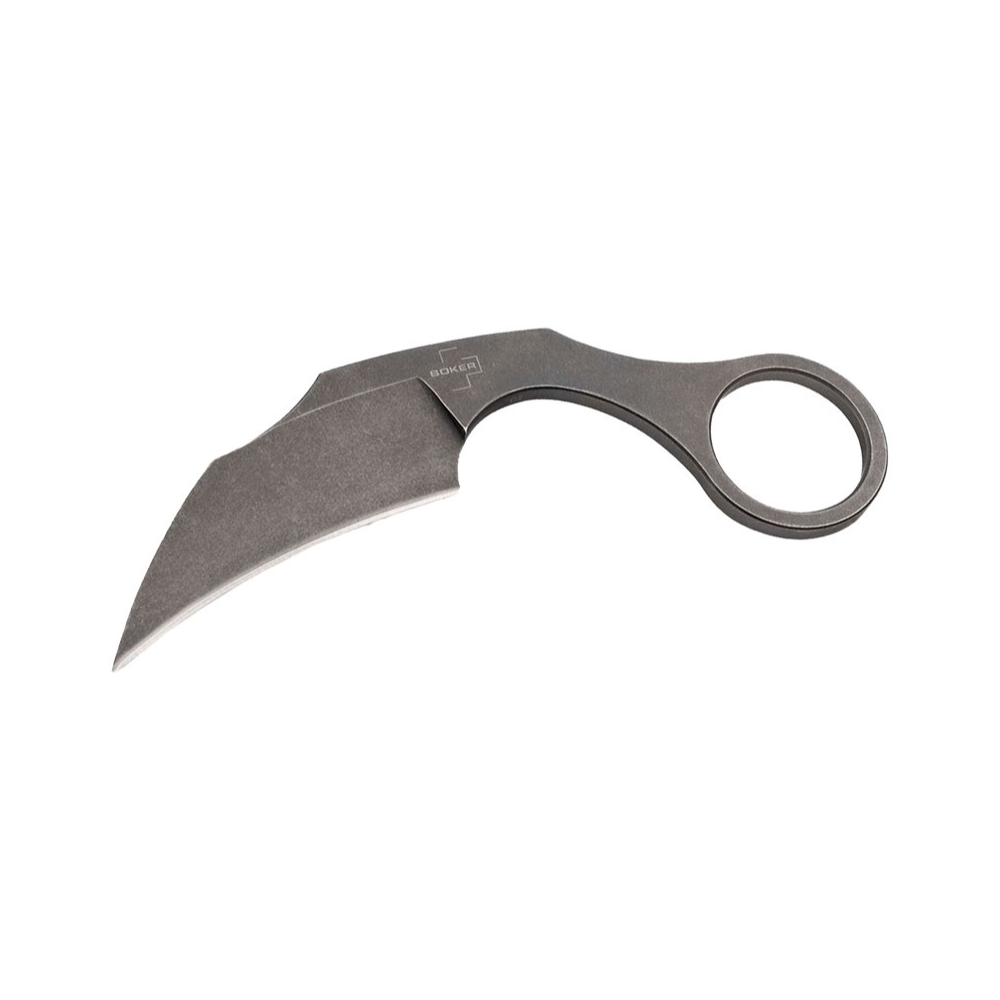 Couteau Karambit Bad Moon 02BO078 Boker Plus avec lame de 6,5 cm en acier D2, design Simon Frömel, manche en acier, et étui kydex noir