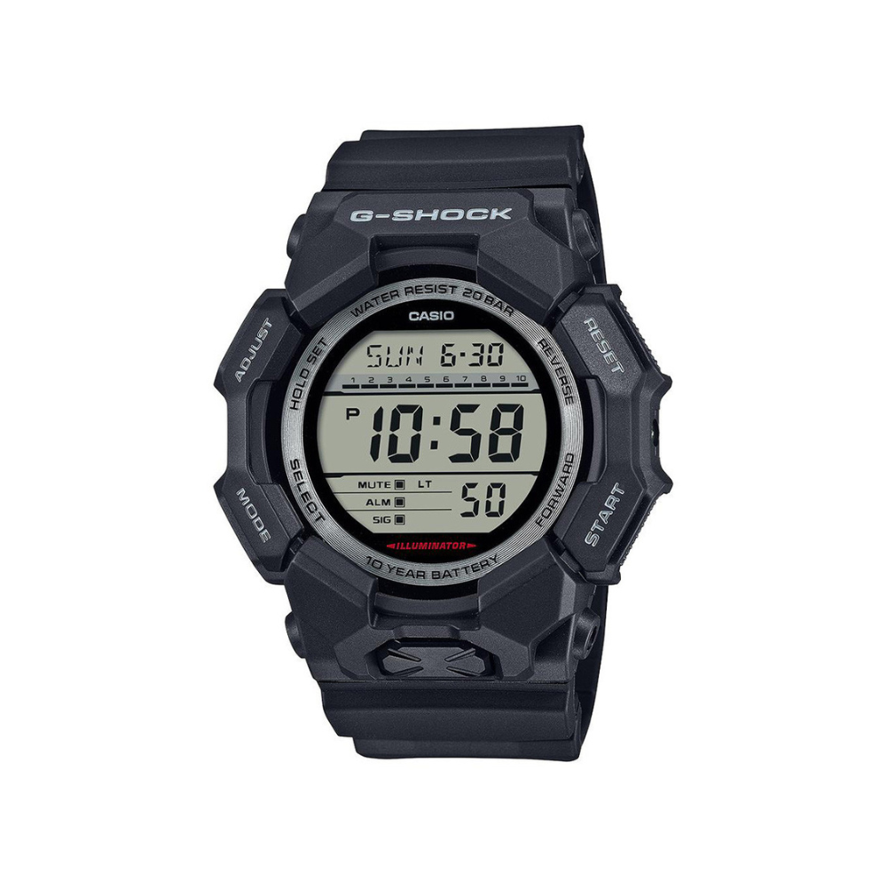 Montre numérique G-Shock GD-010 de Casio, durable et éco-responsable avec éclairage LED, chronomètre, heure universelle et étanchéité jusqu'à 20 bars.