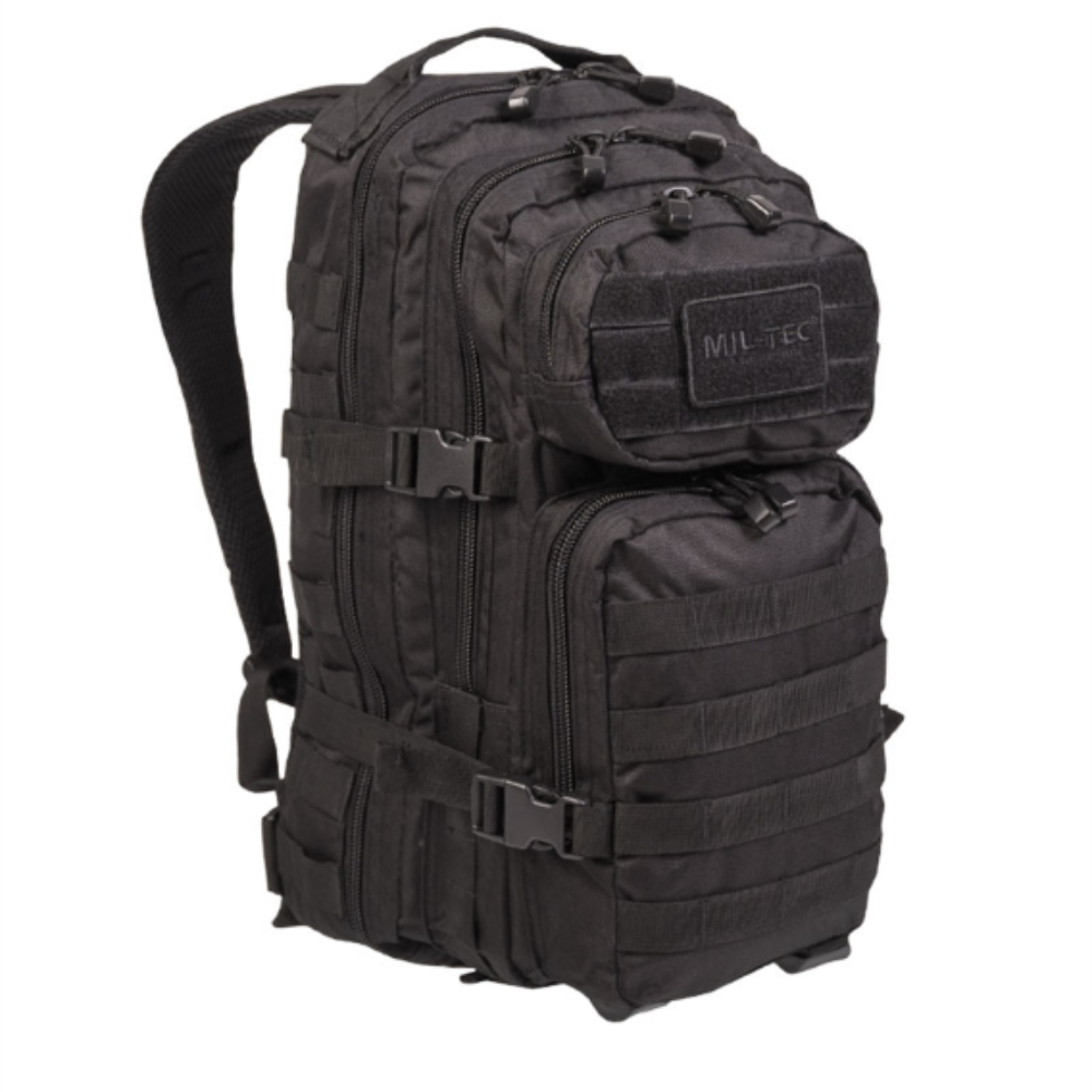 Petit sac à dos US Assault 20L noir de Mil-Tec avec plusieurs compartiments, sangles de compression, renforcement de dos et fixations-Molle