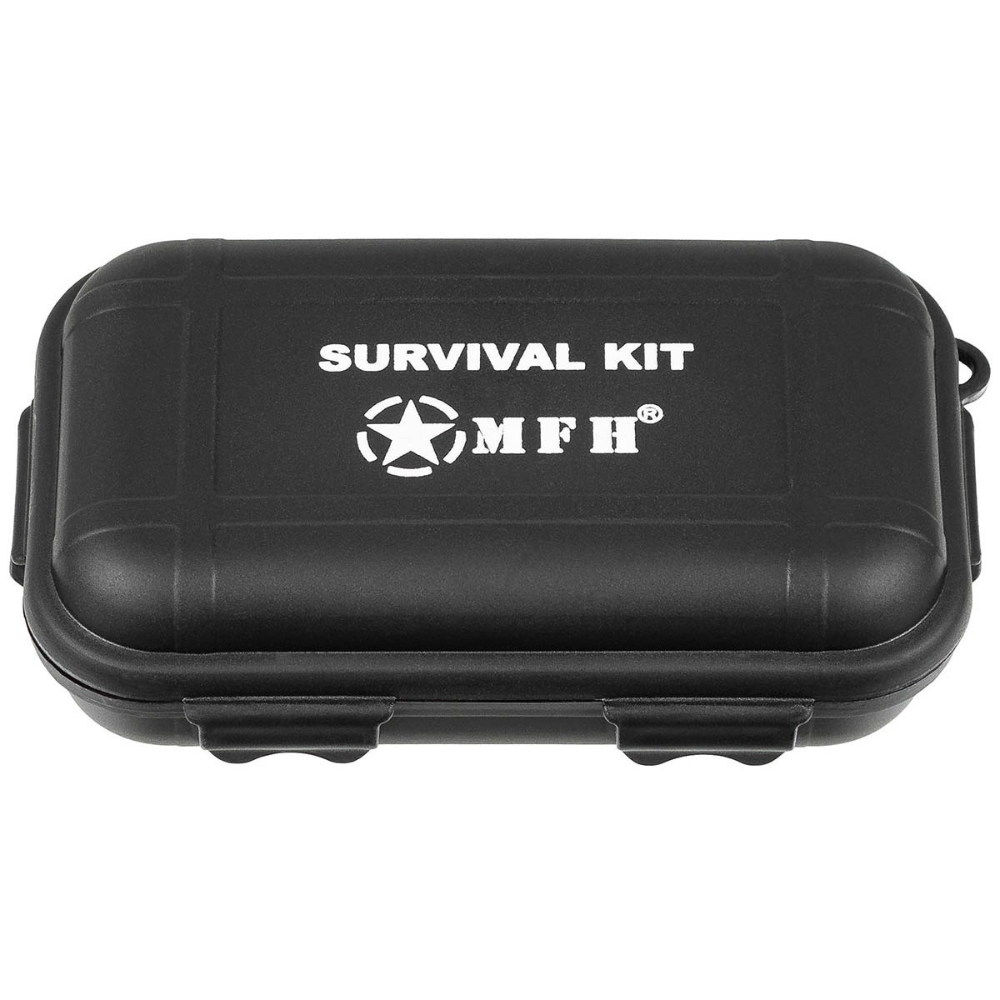 Kit de survie noir MFH dans une boîte étanche contenant des outils de survie et d'orientation