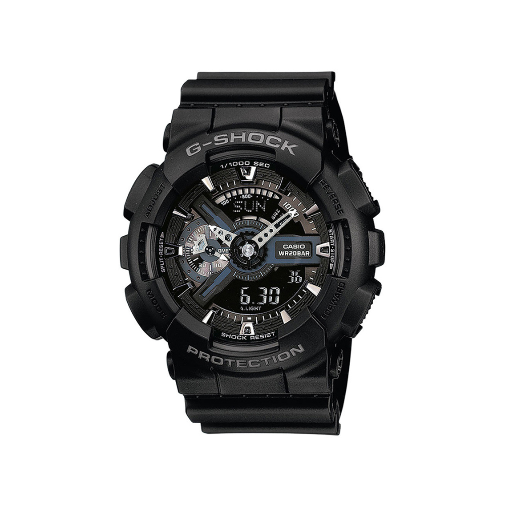 Montre G-Shock GA-110 noire de Casio avec cadran en verre minéral, boîtier et bracelet en résine, résistance magnétique et affichage numérique et analogique.