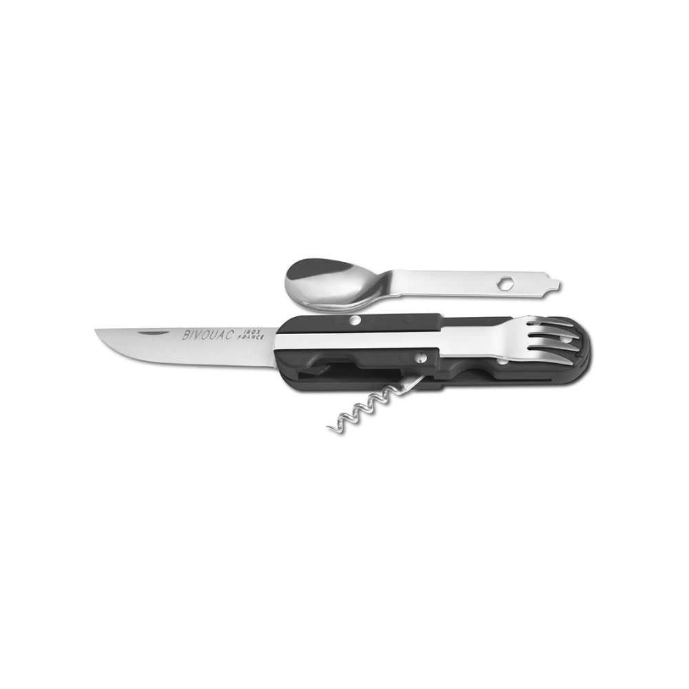 Multifonctionnel, couteau de poche noir Le Bivouac fabriqué en France par TB Outdoor, avec manche ergonomique et système de glissières pour fourchette et cuillère