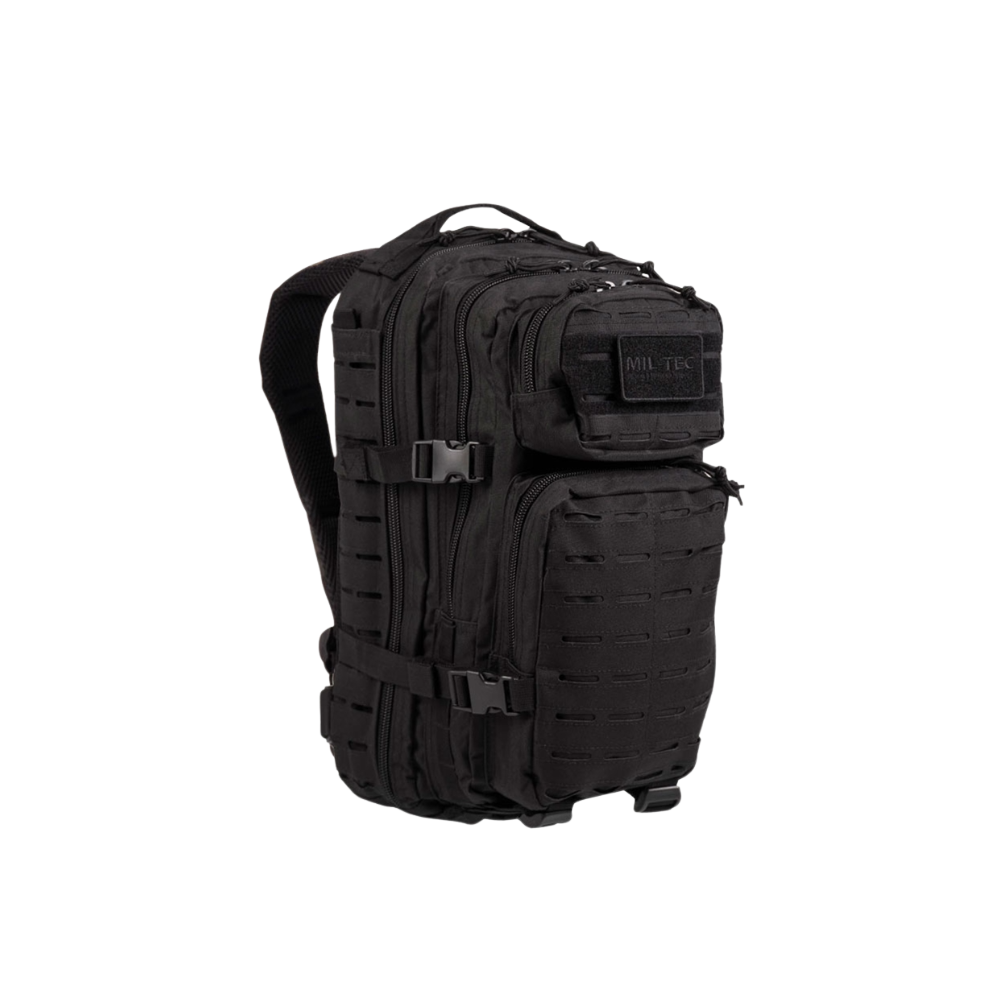 Sac à dos militaire noir US Assault 20L Laser Cut de Mil-Tec avec compartiments à fermeture éclair et système de fixation rapide.
