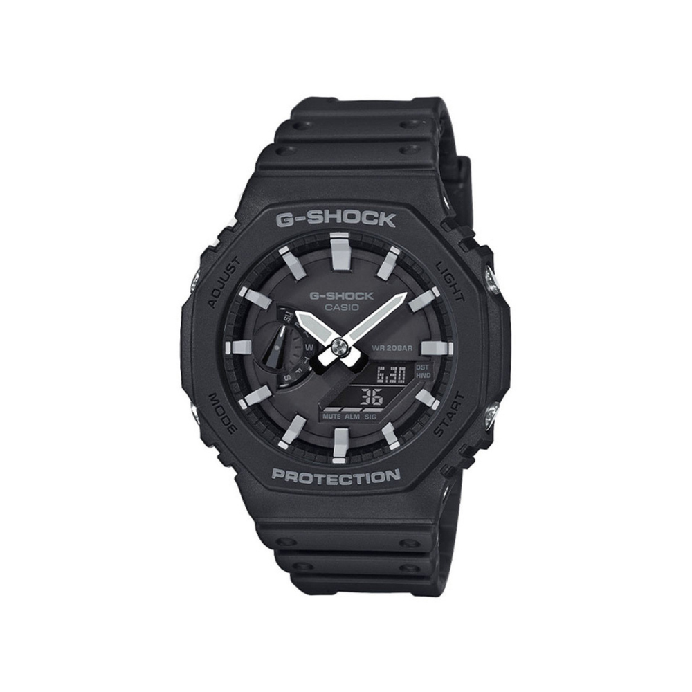 Montre G-Shock GA-2100 noir/gris de Casio avec cadran en verre minéral, boîtier et bracelet en résine, caractéristiques multiples et garantie de 2 ans