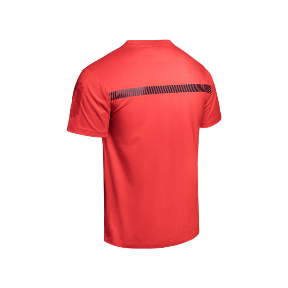 Rouge T-shirt de Sécurité Incendie de la gamme SÉCU-ONE de A10 Equipment, marqué 'SÉCURITÉ INCENDIE' sur la poitrine, avec bande bleue et