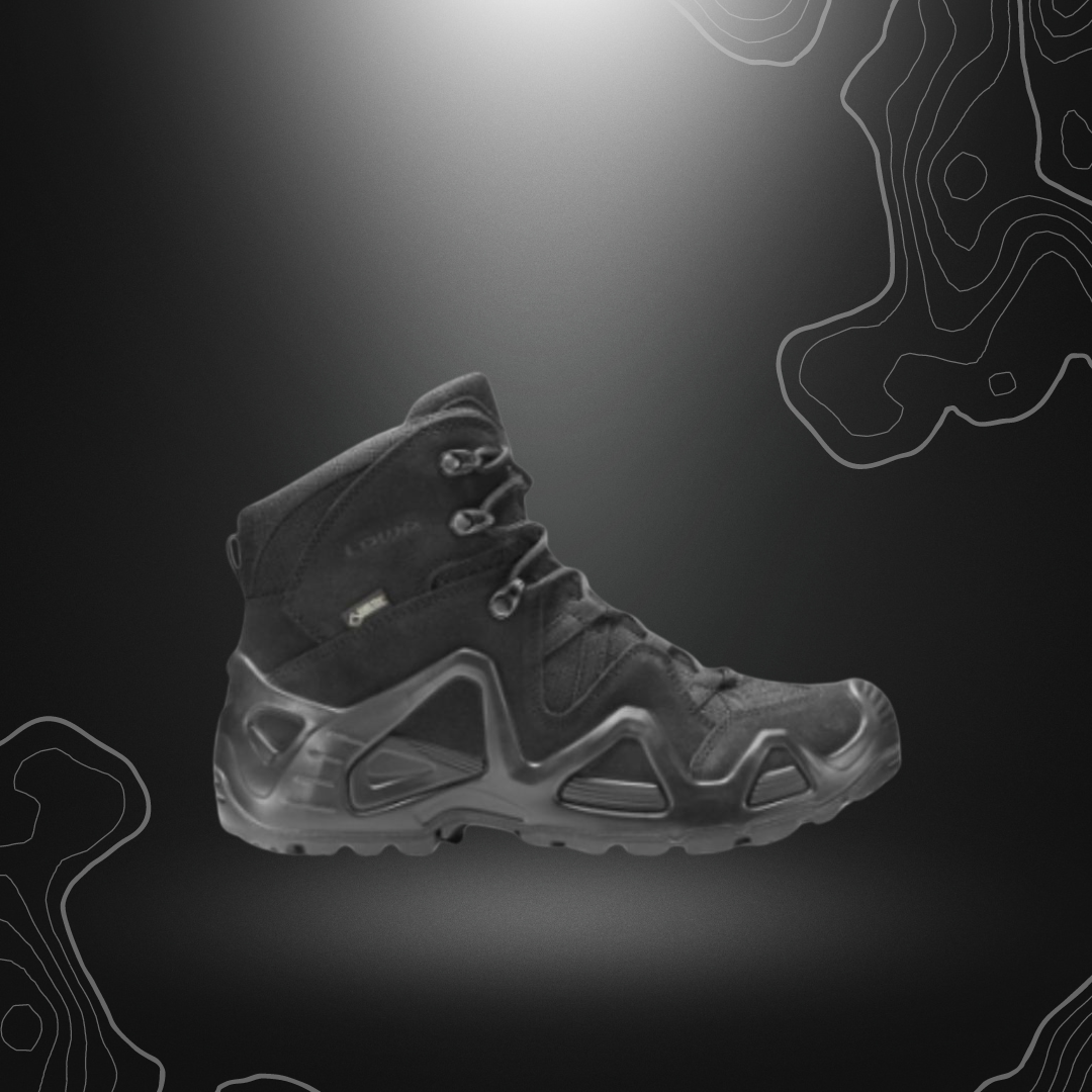 Chaussures Zephyr GTX Mid TF Noir de Lowa, légères et confortables pour utilisation militaire ou outdoor sur terrain modéré, avec membrane Gore-Tex® respirante et imperméable.