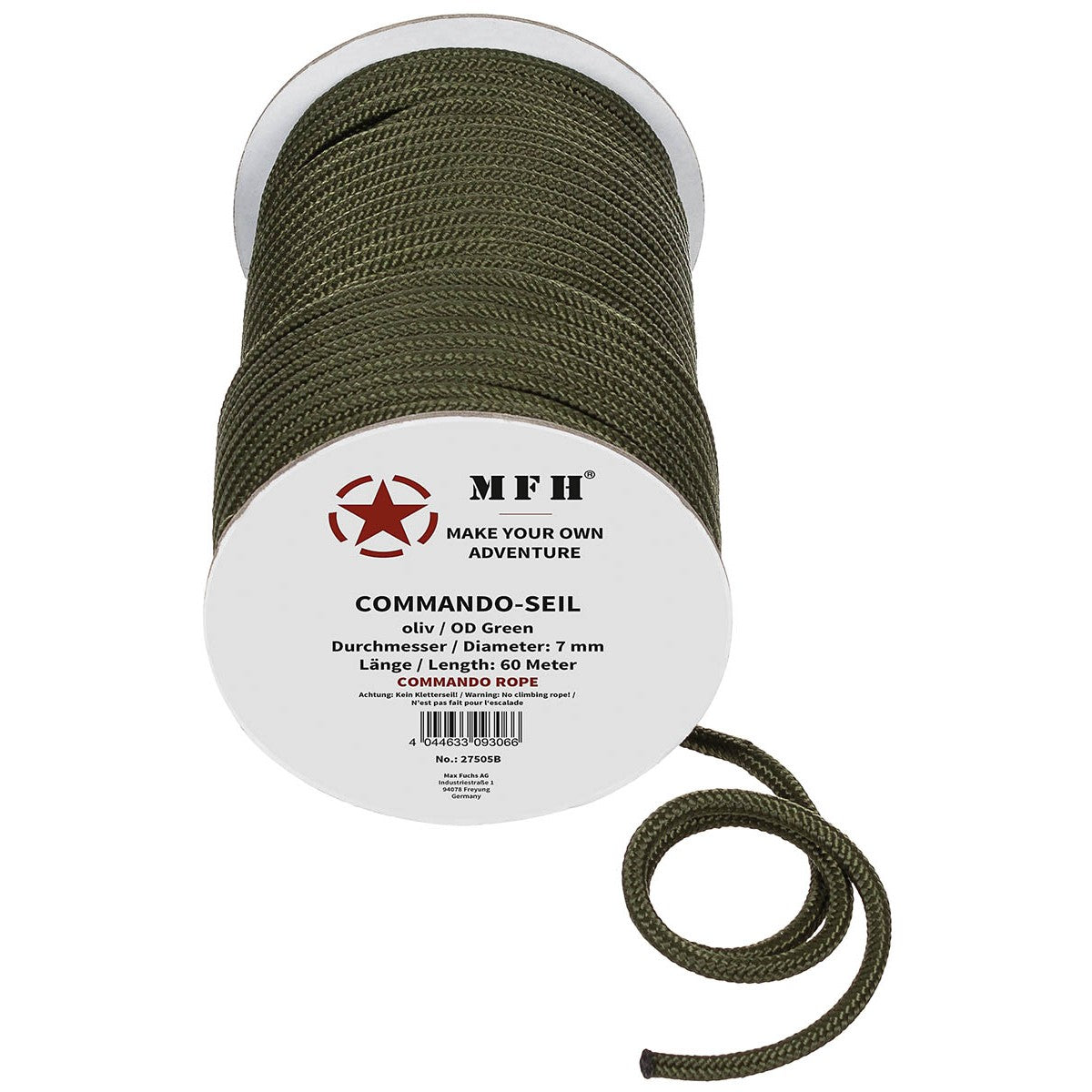 Corde Commando verte olive 7mm x 60m en 100% polypropylène de MFH