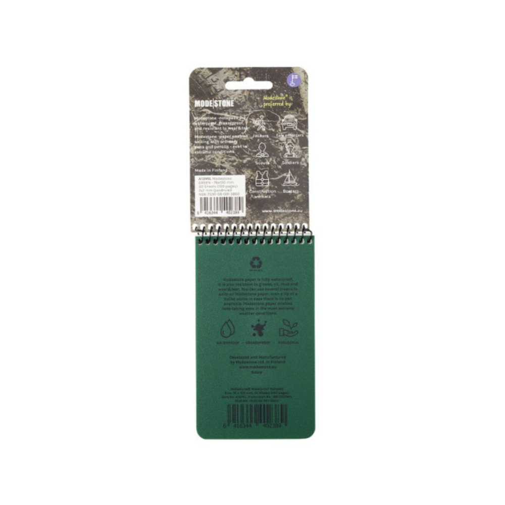 Carnet étanche 100 pages 76x130cm en vert olive de Mode Stone, résistant à l'eau, feu et déchirures, écologique et recyclable, idéal pour une utilisation en extérieur.