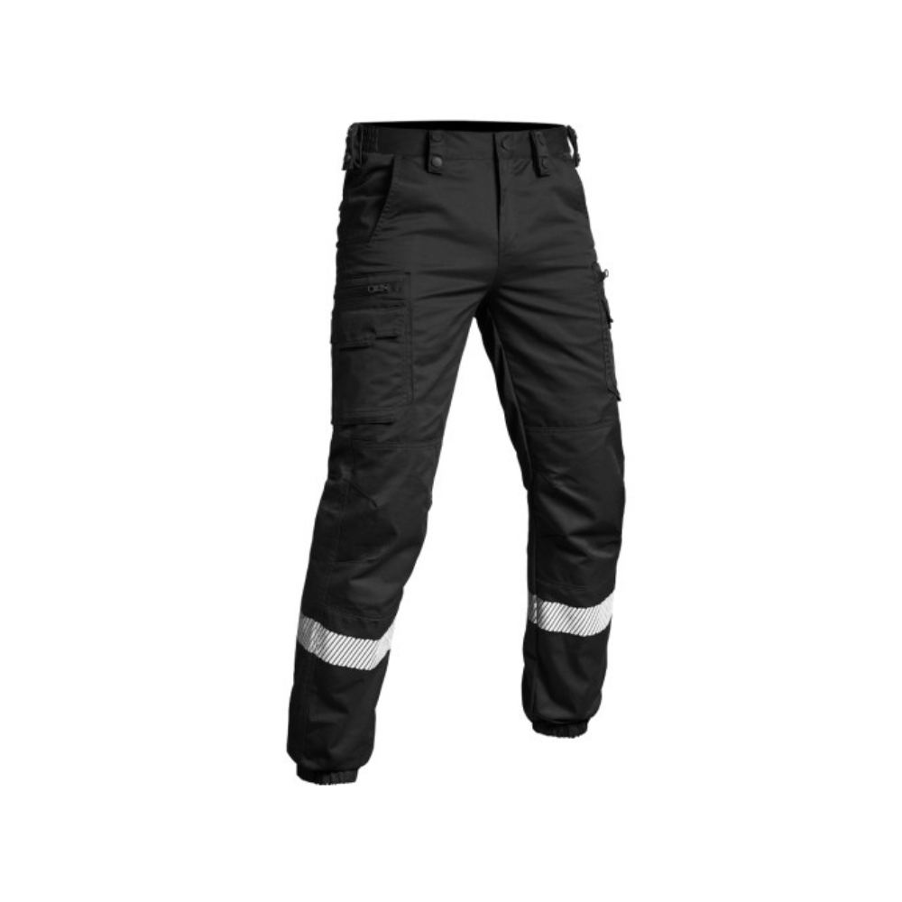 Pantalon noir V2 SÉCU-ONE avec bas élastiqué et bandes HV-TAPE réfléchissantes pour sécurité privée par A10 Equipment