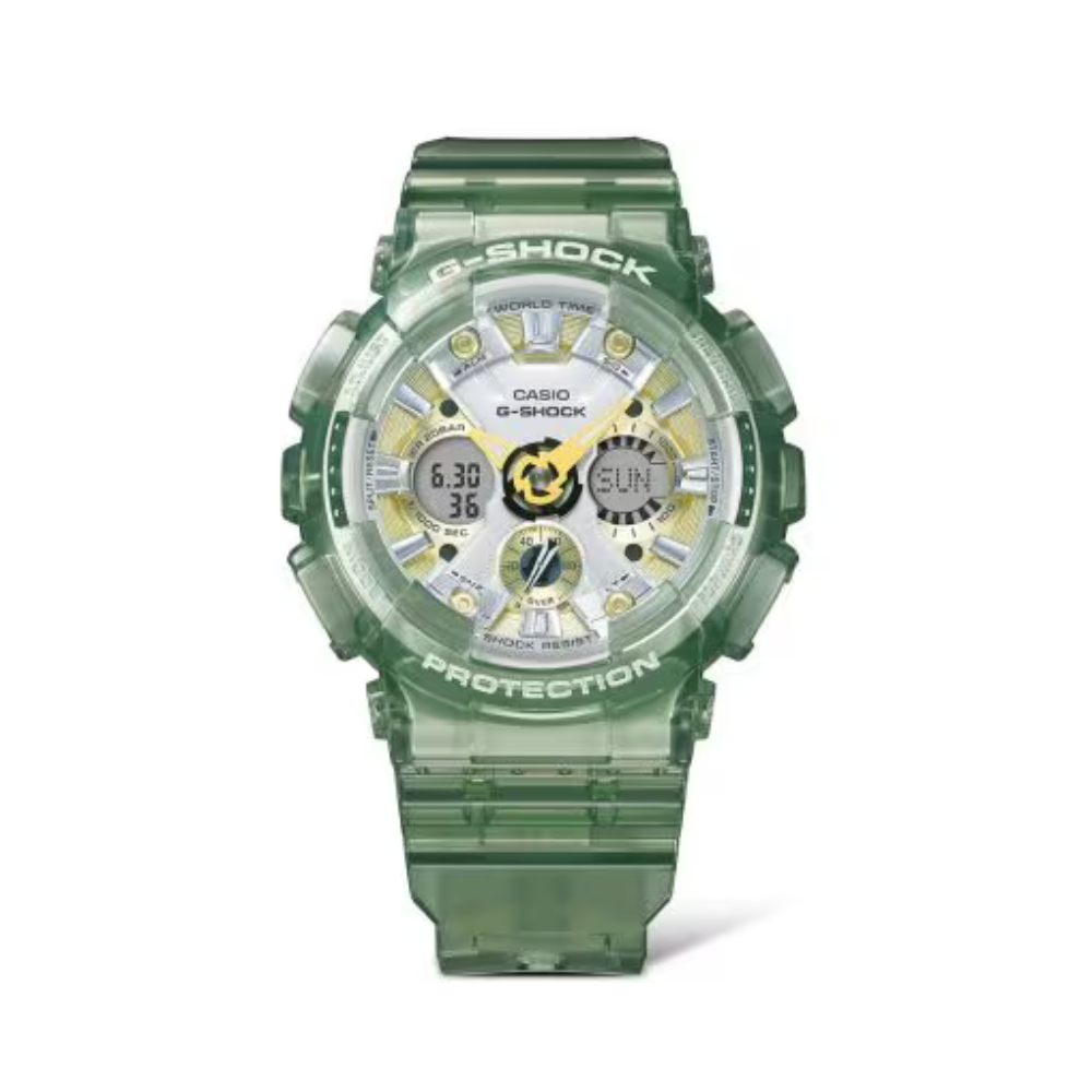 Montre G-Shock GMA-S120GS-3AER verte métallique de Casio avec bracelet et boîtier transparents, cadran bicolore or et argent