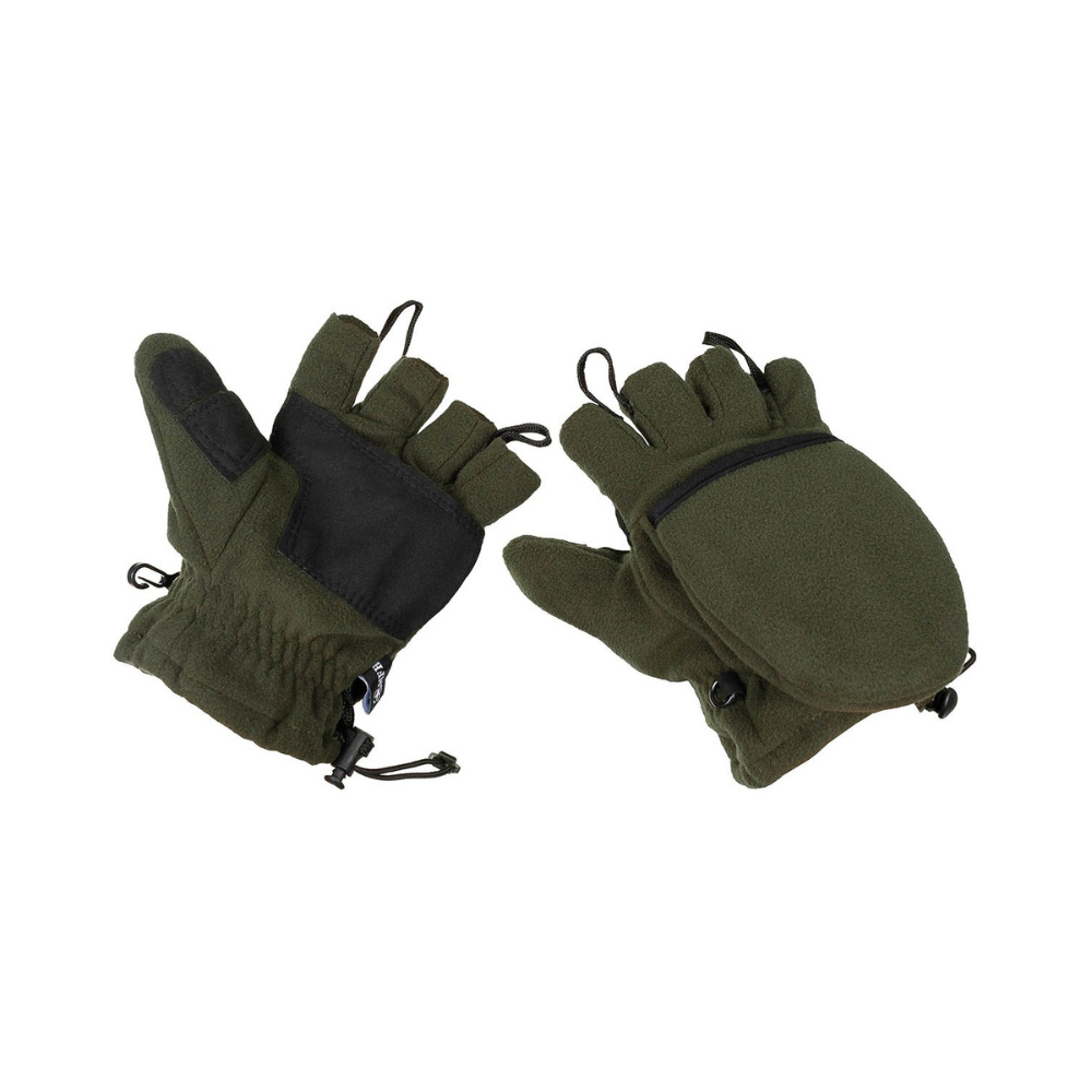 Mitaines polaires vert olive MFH avec protège-doigt pliable et bande Velcro, cordon de serrage élastique au poignet, 100% polyester