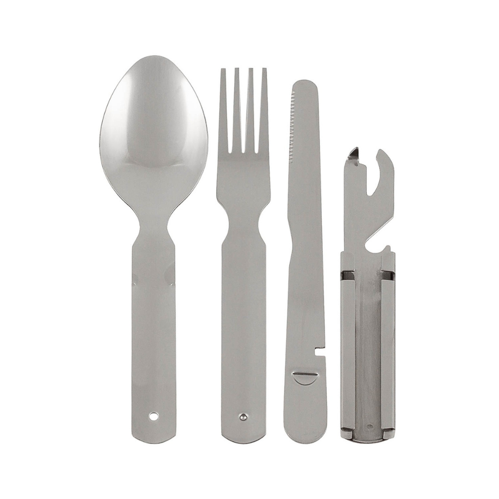 Set de couverts complet en aluminium MFH comprenant un couteau, une fourchette, une cuillère et un ouvre-bouteille, d'une longueur de 19 cm et un poids de 170 g