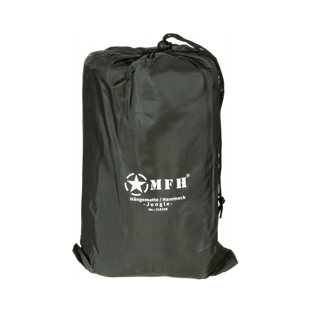 Hamac Jungle MFH avec toit moustiquaire vert olive, fond en toile indéchirable, cordes de fixation réglables et anneaux métalliques robustes