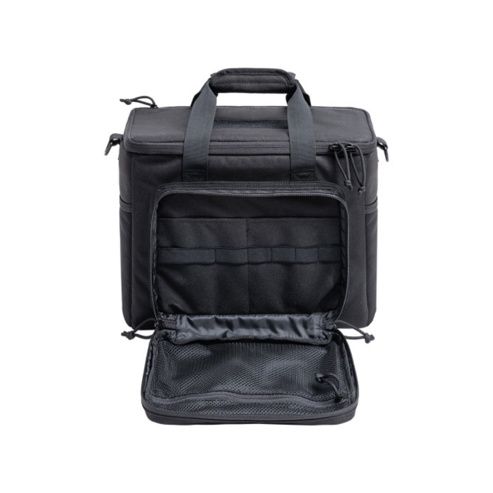 Sac de tir noir DELTA de A10 EQUIPMENT, résistant, modulaire et ergonomique avec multiples poches et compartiments pour un rangement optimisé de vos équipements de tir.