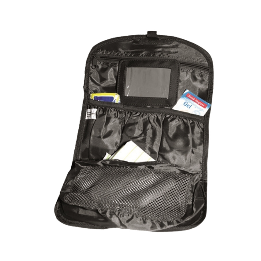 Très pratique trousse de toilette anglaise noire Mil-Tec, en polyester, avec plusieurs compartiments de rangement, idéale pour voyager