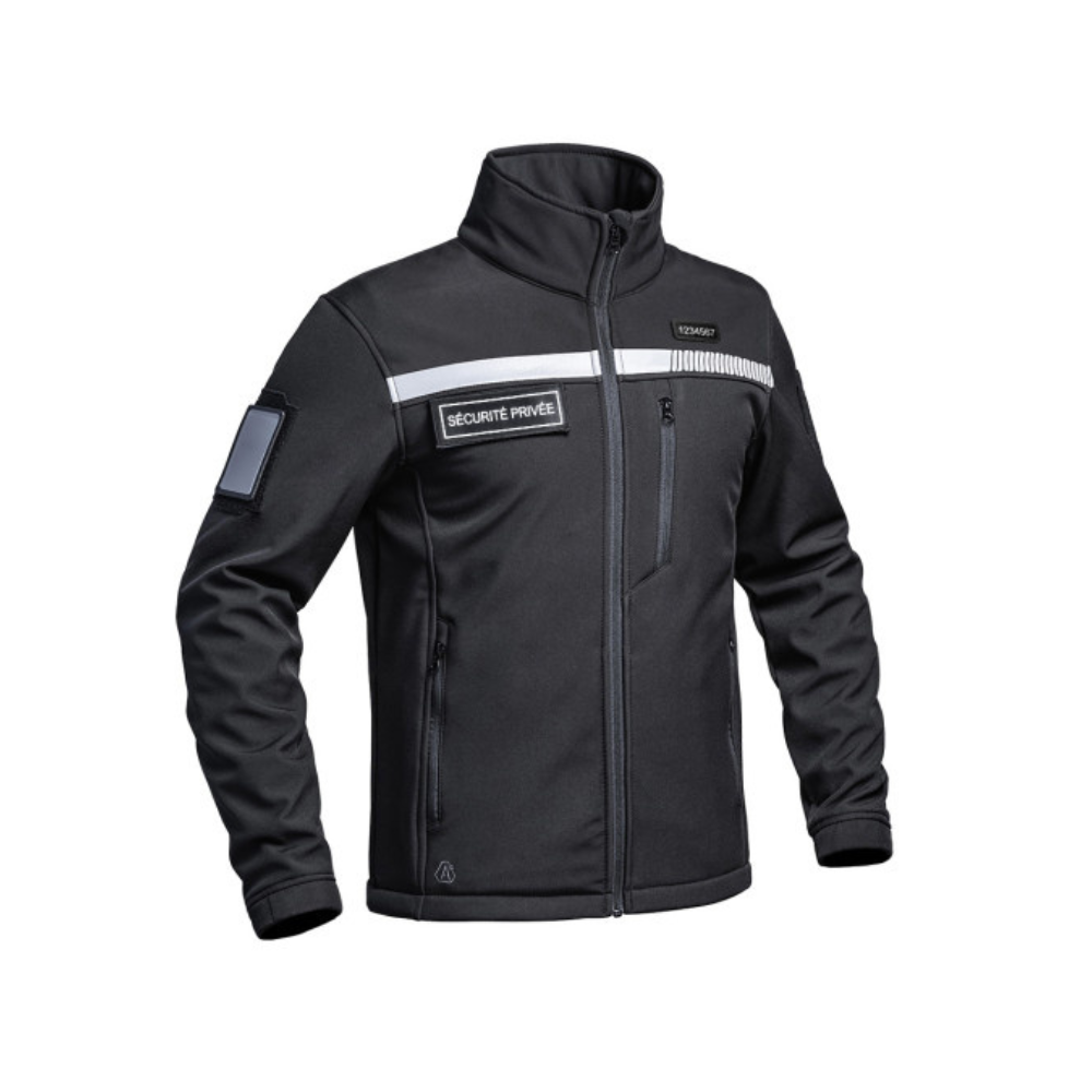 Veste softshell noire Sécu-One pour sécurité privée avec fonctionnalités d'isolation thermique et imperméabilité, proposée par A10 Equipment.