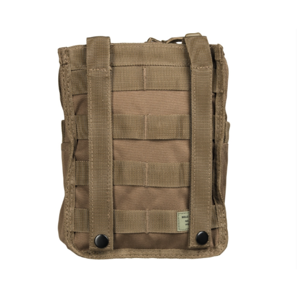 Grande poche de ceinture Molle Admin en polyester robuste avec système de fixation, fermeture zippée et compartiments multiples de la marque Mil-Tec en couleur coyote.