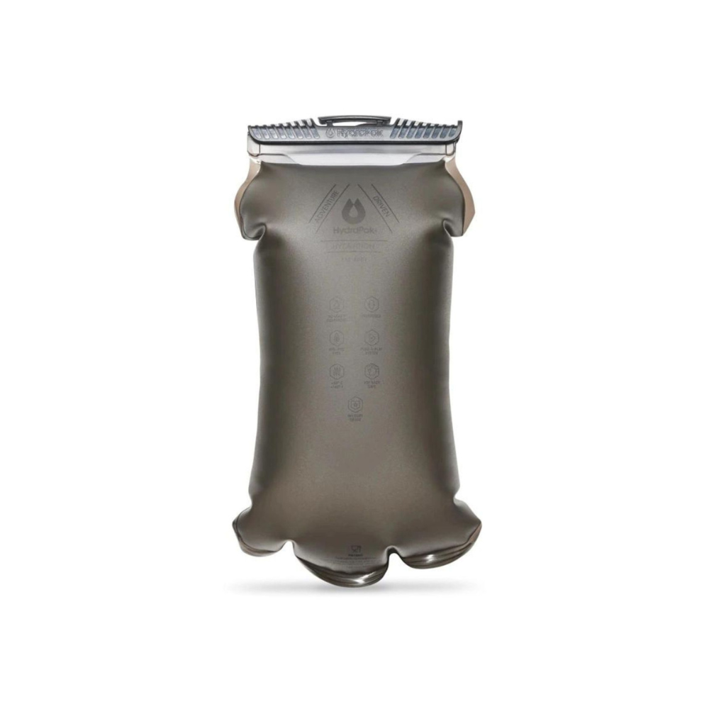 Réservoir d'hydratation Hydrapak Force 3L en couleur Mammoth Grey avec valve à haut débit et système d'auto-étanchéité, idéal pour éviter les fuites et ass