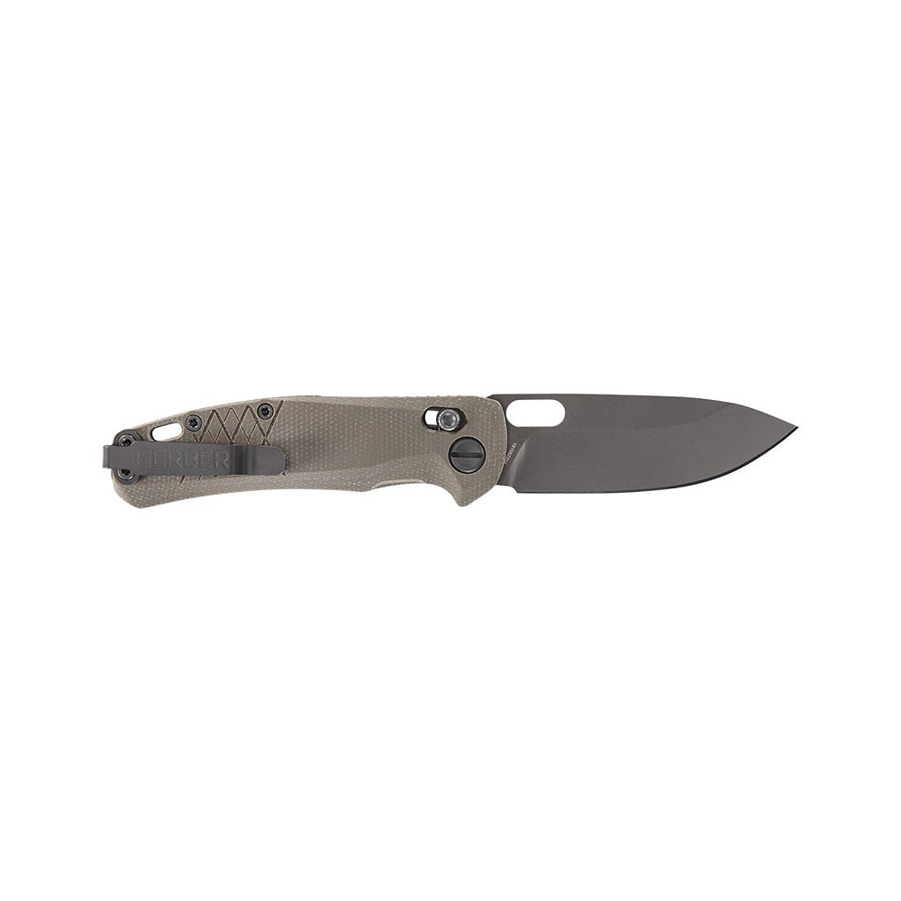 Couteau pliant Gerber Scout Coyote avec lame en acier 440A, manche en micarta marron et clip ceinture réversible - parfait pour les aventures en plein air.