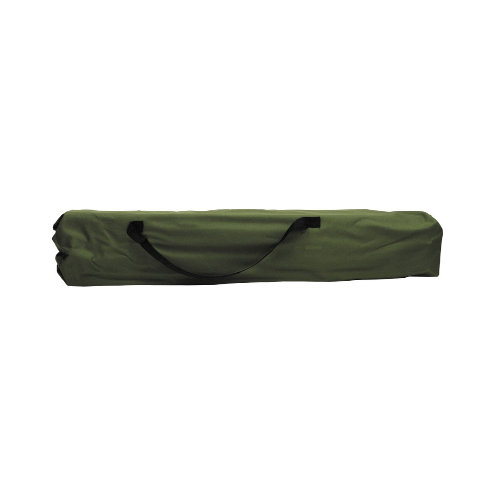 Lit de camp US en aluminium vert olive de MFH, avec châssis en tubes carrés, pieds en acier, sac de transport et capable de supporter jusqu'à 120 kg