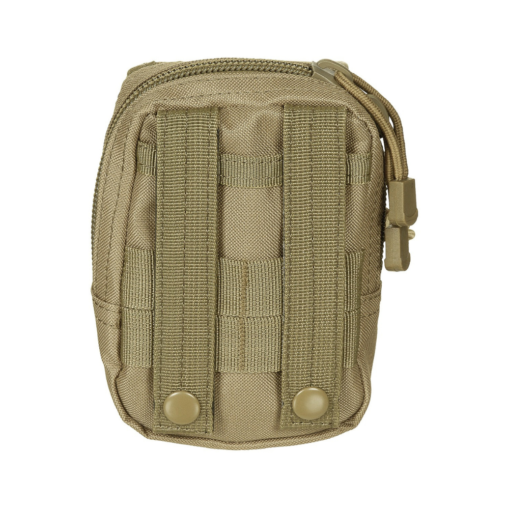 Poche Molle multi-usage tan de MFH avec compartiments zippés, poches plaquées, cordon élastique et boucles de fixation Molle, en polyester.